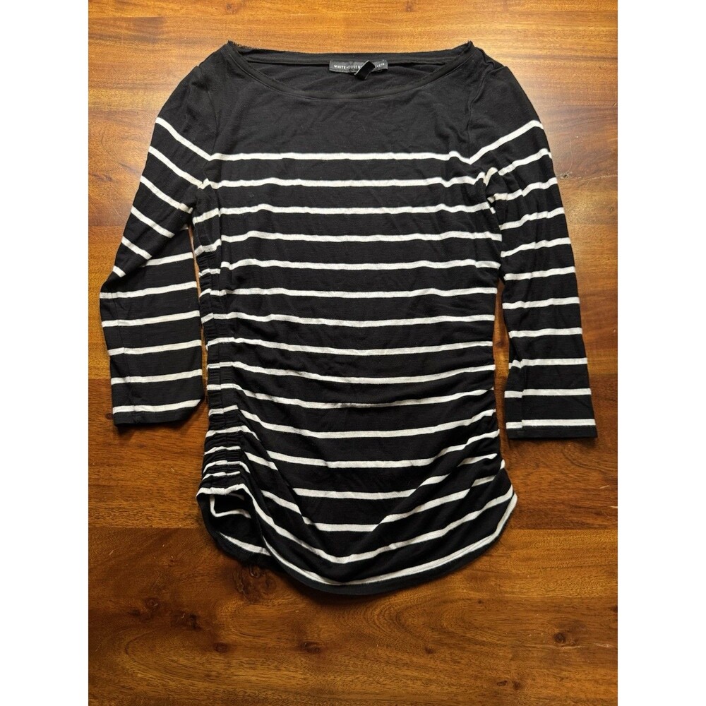 White House Black Market Top Women’s XS Black Striped Boatneck 3/4 Sleeve Ruched